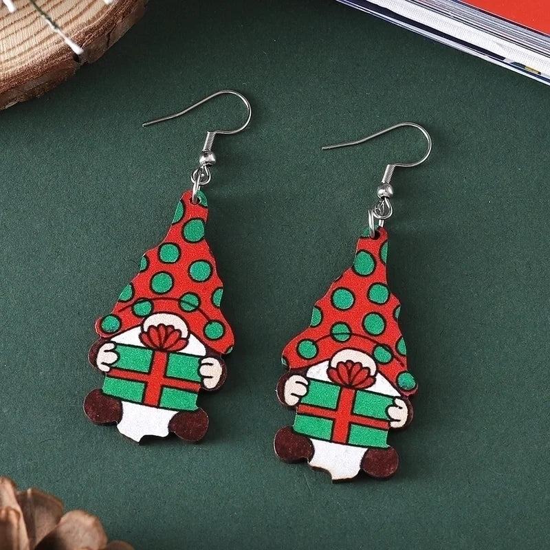 1 Pair Vintage Christmas Cute Dwarf Pendant Earrings Women's Wooden Double-sided Christmas Earrings