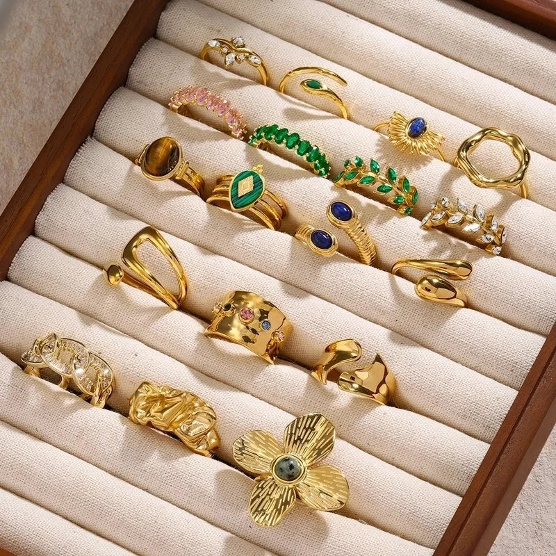 IG Style Geometric 304 Stainless Steel Artificial Pearls Zircon 18K Gold Plated Inlay Open Rings Rings