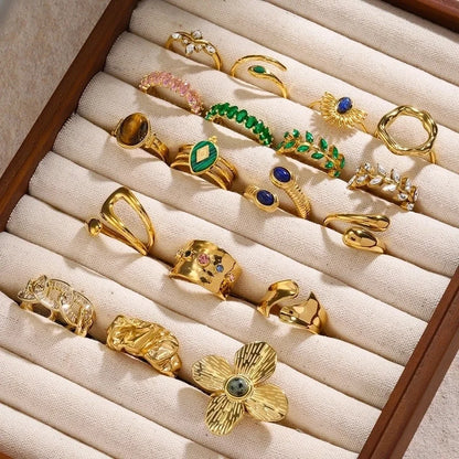 IG Style Geometric 304 Stainless Steel Artificial Pearls Zircon 18K Gold Plated Inlay Open Rings Rings