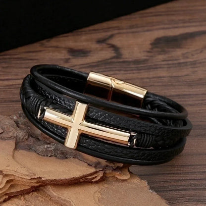 Casual Streetwear Cross 304 Stainless Steel Pu Leather Copper 18K Gold Plated Copper Bangle In Bulk