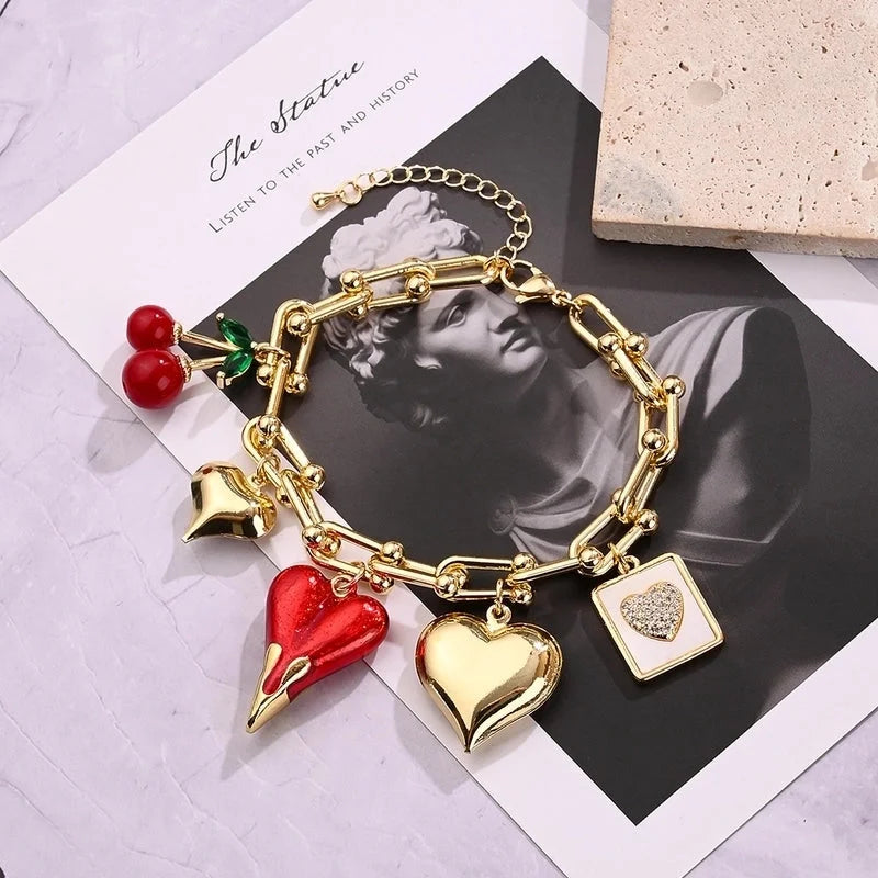Casual Modern Style Minimalist Cherry Heart Shape Copper Zircon 18K Gold Plated Polishing Enamel Plating Bracelets Necklace Jewelry Set