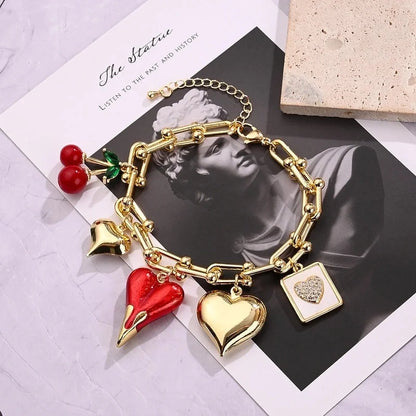 Casual Modern Style Minimalist Cherry Heart Shape Copper Zircon 18K Gold Plated Polishing Enamel Plating Bracelets Necklace Jewelry Set