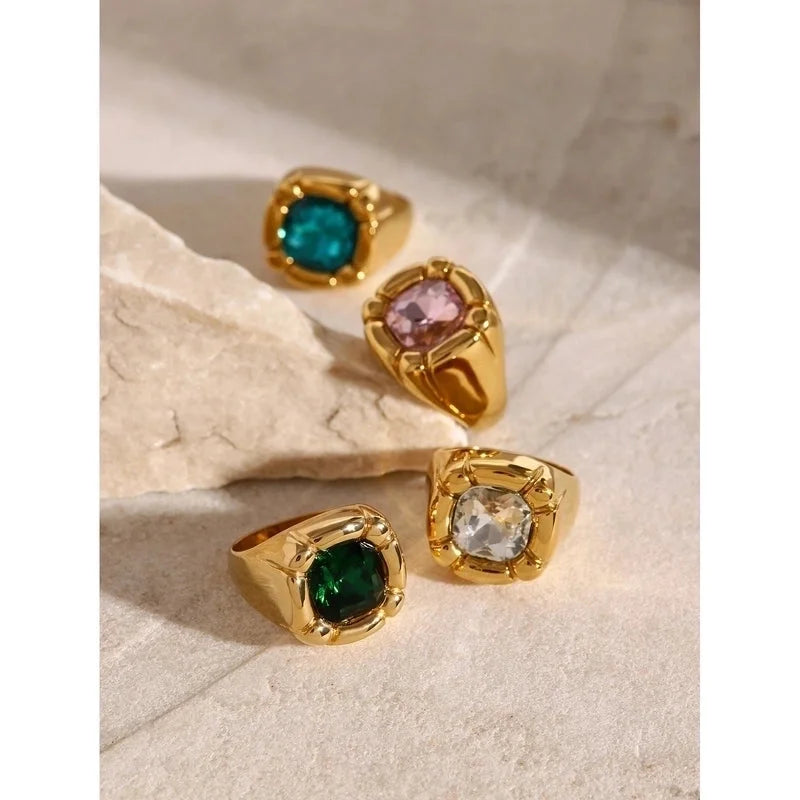 Formal Classic Style Artistic Geometric 304 Stainless Steel Glass Inlay Rings