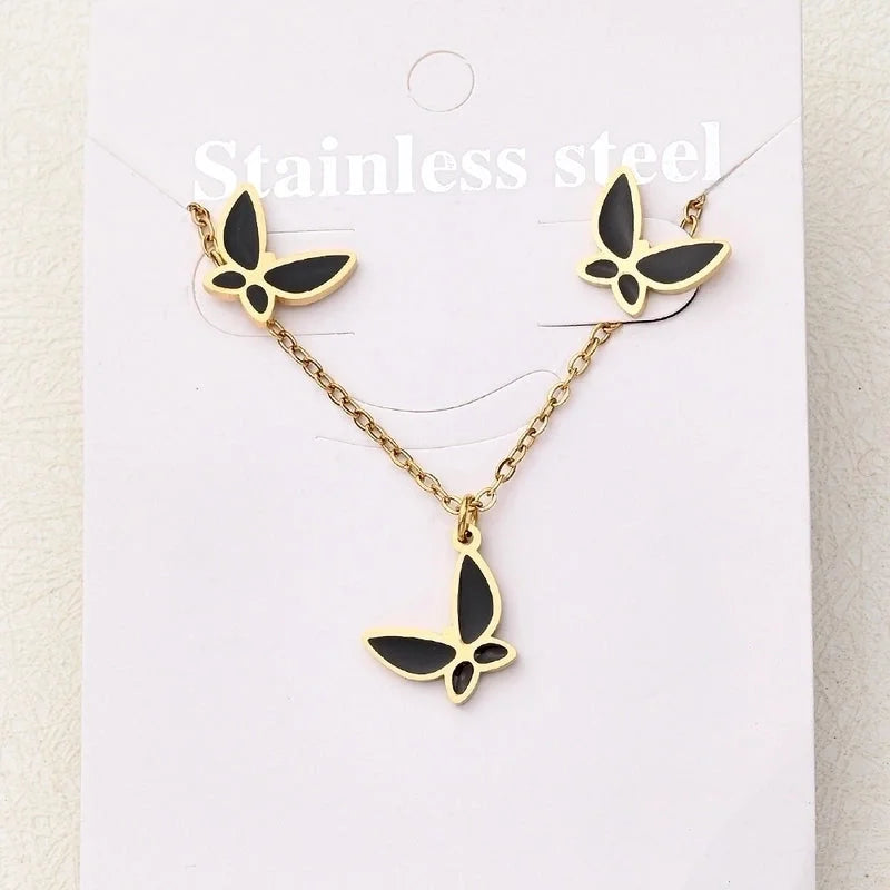 Casual Basic Vacation Rabbit Simple Butterfly 304 Stainless Steel 18K Gold Plated Polishing Enamel Plating Jewelry Set