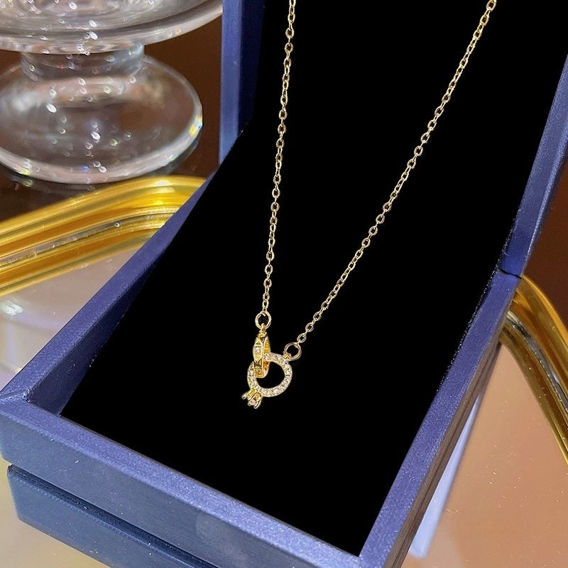 Elegant Classic Style Geometric Moon Bow Knot Titanium Steel Zircon Pendant Necklace