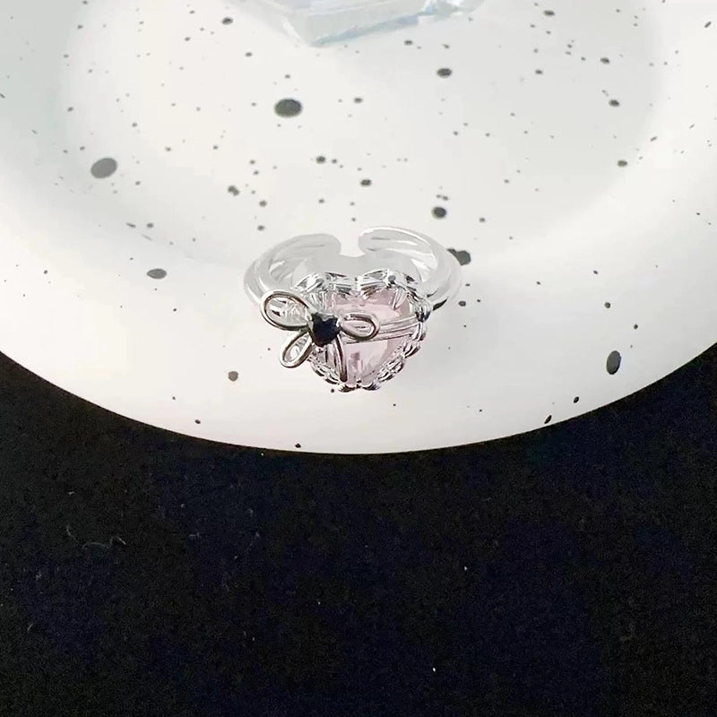 Sweet Geometric Heart Shape Bow Knot Copper Plating Inlay Zircon Open Rings