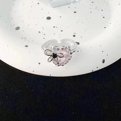 Sweet Geometric Heart Shape Bow Knot Copper Plating Inlay Zircon Open Rings