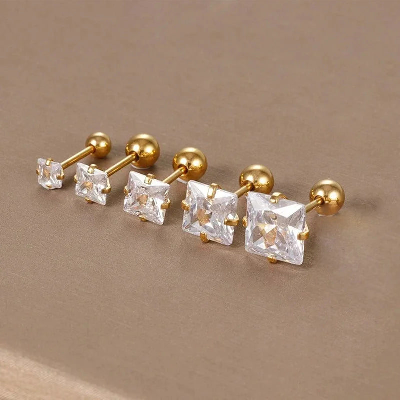 Minimalist Square Inlay 304 Stainless Steel Zircon 18K Gold Plated Stainless Steel Earrings