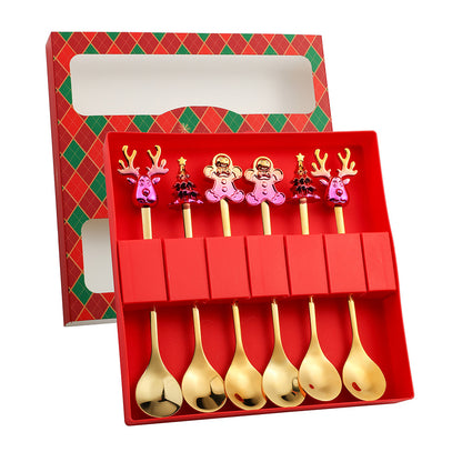J Christmas Spoon Set Cartoon Colorful Santa Claus Christmas Tree Spoon Fork Coffee Dessert Spoon Gift Box