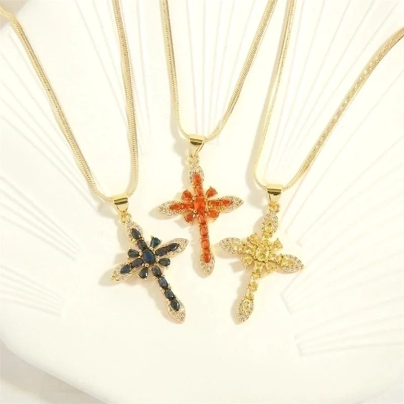 Minimalist Cross Copper 18k Gold Plated Zircon Pendant Necklace In Bulk