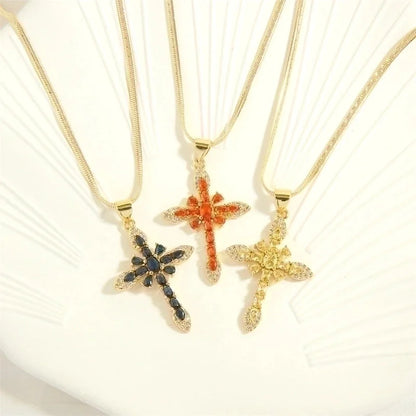 Minimalist Cross Copper 18k Gold Plated Zircon Pendant Necklace In Bulk
