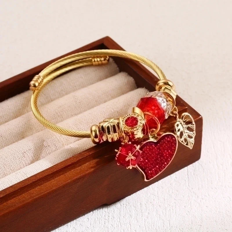 Elegant Luxurious Heart Shape 304 Stainless Steel Alloy Rhinestones Wristband Bangle In Bulk