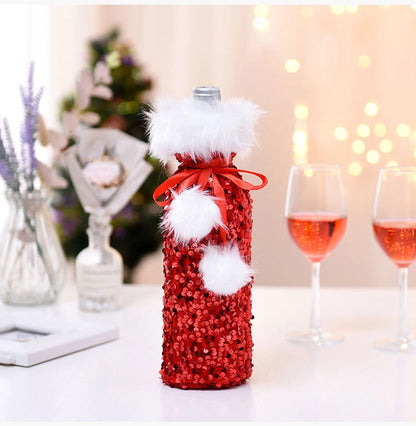 Cross-border New Arrival Christmas Decorations European And American Sequins Bottle Cover Plush Drawstring Wine Gift Box Hotel Dining Table Dress Up
