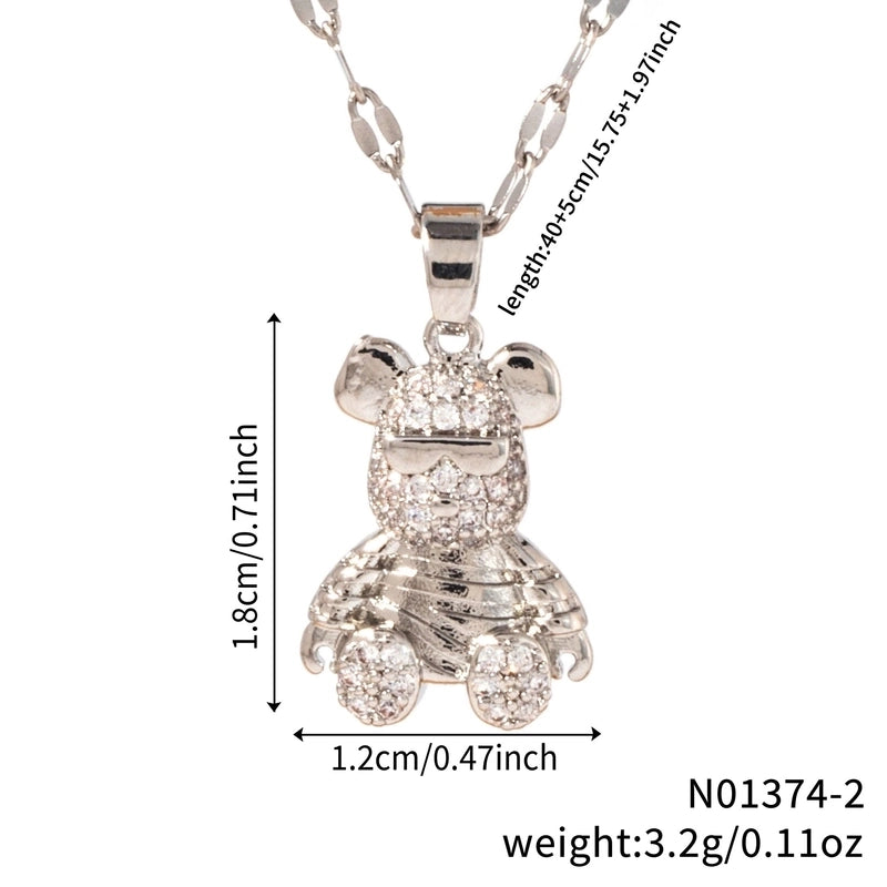 304 Stainless Steel Copper K Gold Plated Cute Sweet Korean Style Three-dimensional Inlay Little Bear Zircon Pendant Necklace