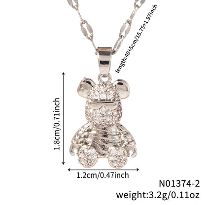 304 Stainless Steel Copper K Gold Plated Cute Sweet Korean Style Three-dimensional Inlay Little Bear Zircon Pendant Necklace
