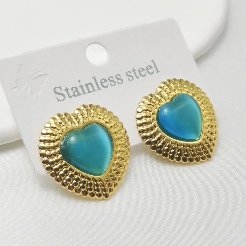 1 Pair Elegant Retro Commute Heart Shape Inlay 304 Stainless Steel Artificial Gemstones Ear Studs