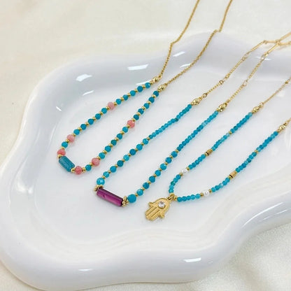 Elegant Geometric 304 Stainless Steel Natural Stone Beaded Chain Cable Chain Pendant Necklace In Bulk