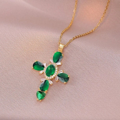 201 Stainless Steel Copper White Gold Plated Gold Plated Minimalist Classic Style Plating Inlay Cross Glass Zircon Pendant Necklace