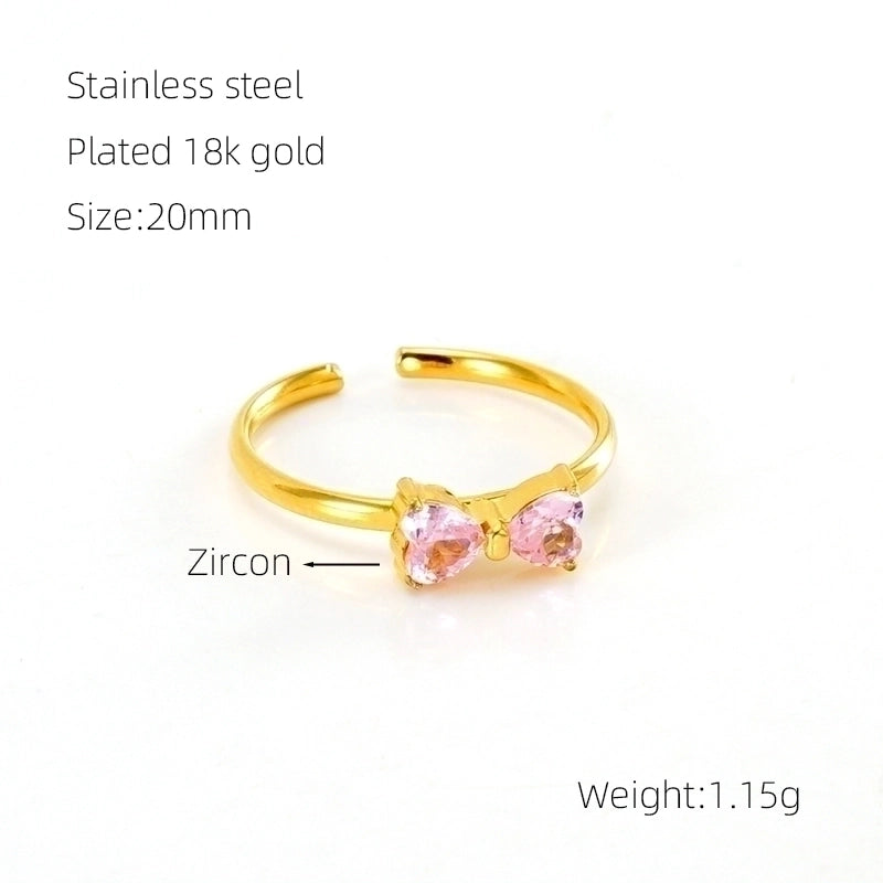 304 Stainless Steel 18K Gold Plated Retro Sweet Plating Inlay Bow Knot Zircon Open Rings