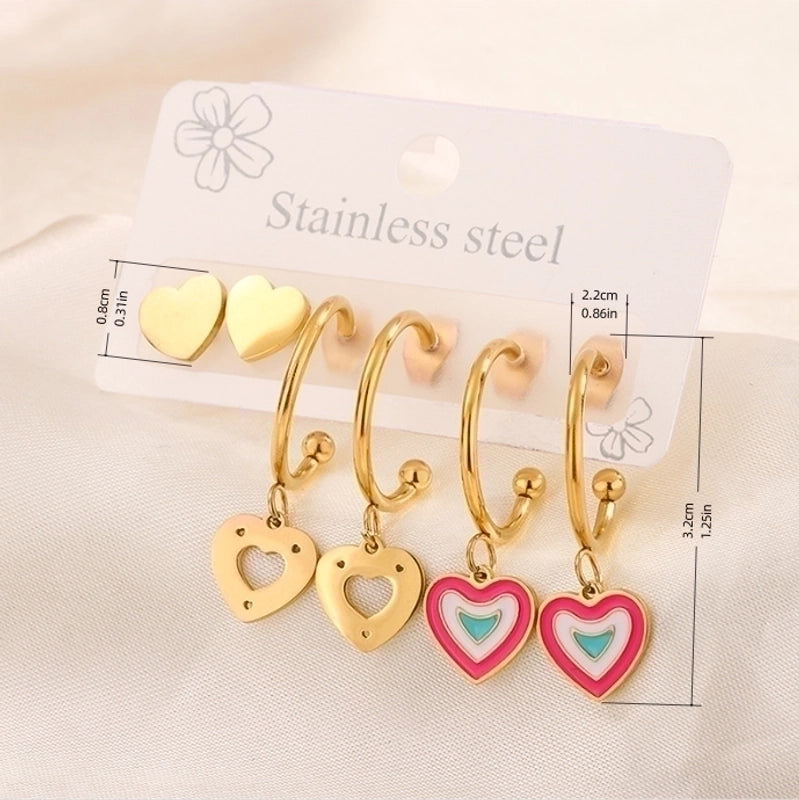 3 Pairs Minimalist Heart Shape Flower Enamel 304 Stainless Steel 18K Gold Plated Drop Earrings Ear Studs