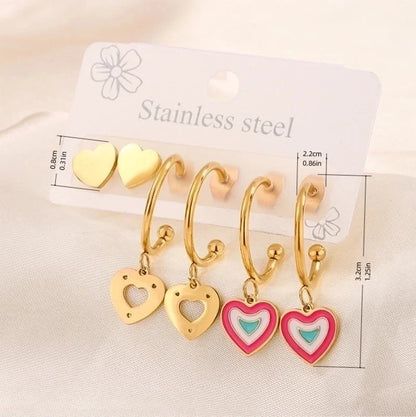 3 Pairs Minimalist Heart Shape Flower Enamel 304 Stainless Steel 18K Gold Plated Drop Earrings Ear Studs