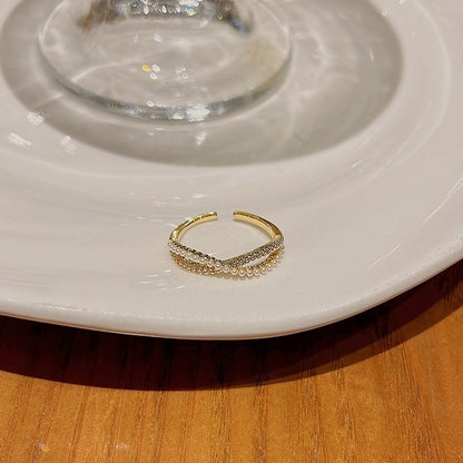 Minimalist Heart Shape Flower Bow Knot Copper Inlay Artificial Pearls Opal Zircon Rings