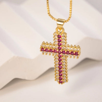 Copper 18K Gold Plated Inlaid Zircon Cross Zircon Pendant Necklace