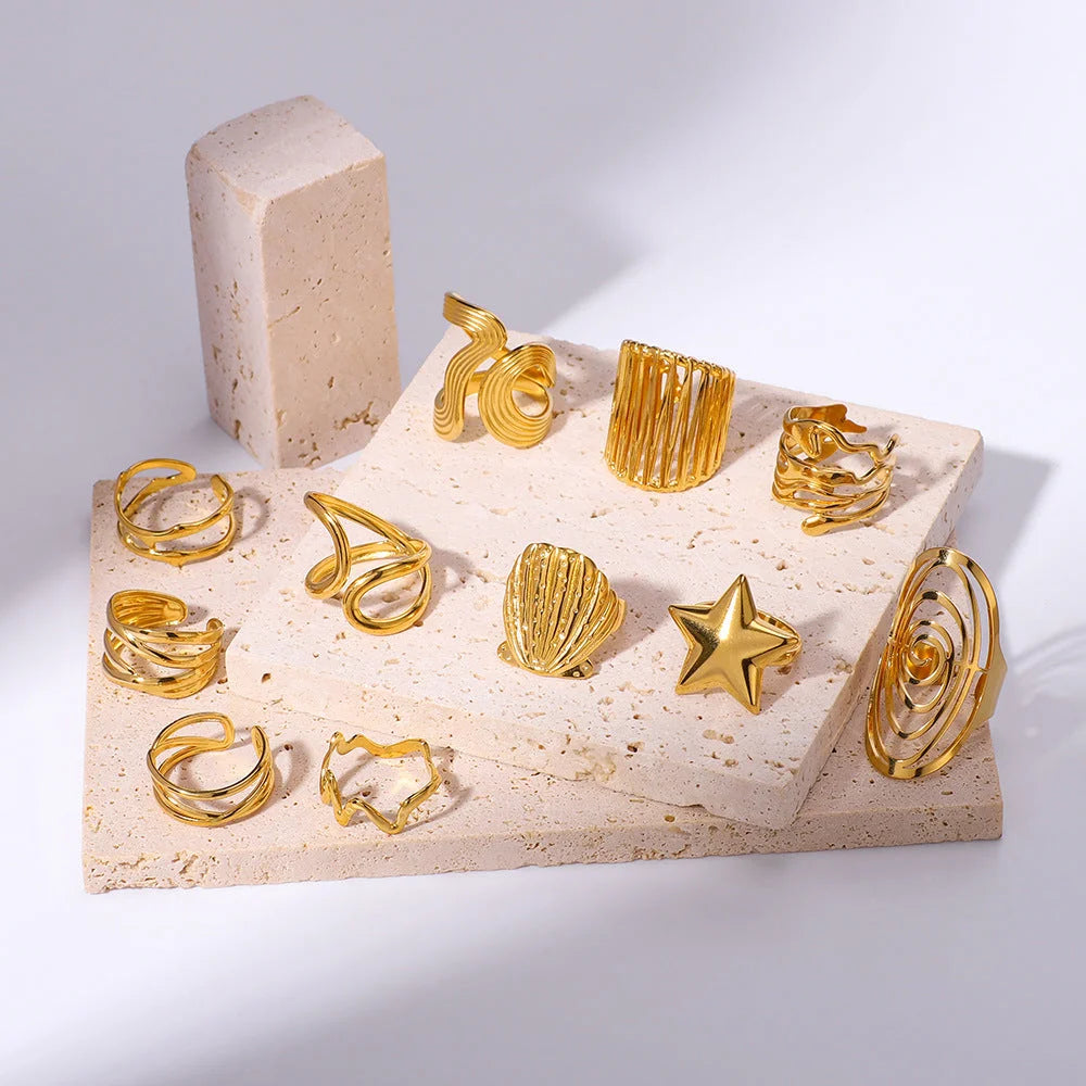 Open Ring IG Style Star Shell Textured Star Geometric Stainless Steel Electroplating Rings