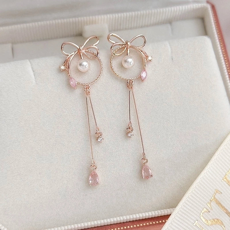 1 Pair Elegant Lady Streetwear Water Droplets Heart Shape Flower Hollow Out Inlay Steel Imitation Pearl Zircon Drop Earrings
