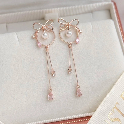 1 Pair Elegant Lady Streetwear Water Droplets Heart Shape Flower Hollow Out Inlay Steel Imitation Pearl Zircon Drop Earrings