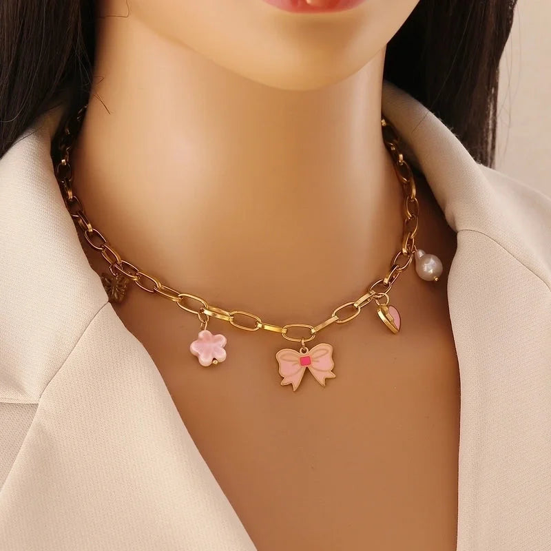 Commute Flower Bow Knot 304 Stainless Steel 18K Gold Plated Multi Charms Epoxy Bracelets Earrings Necklace