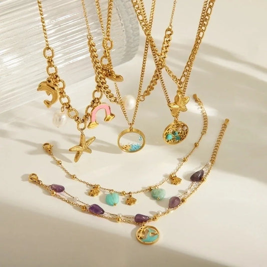Marine Style Beach Classic Style Starfish Dolphin Shell 304 Stainless Steel Artificial Pearls Natural Stone 18K Gold Plated Inlay Bracelets Necklace