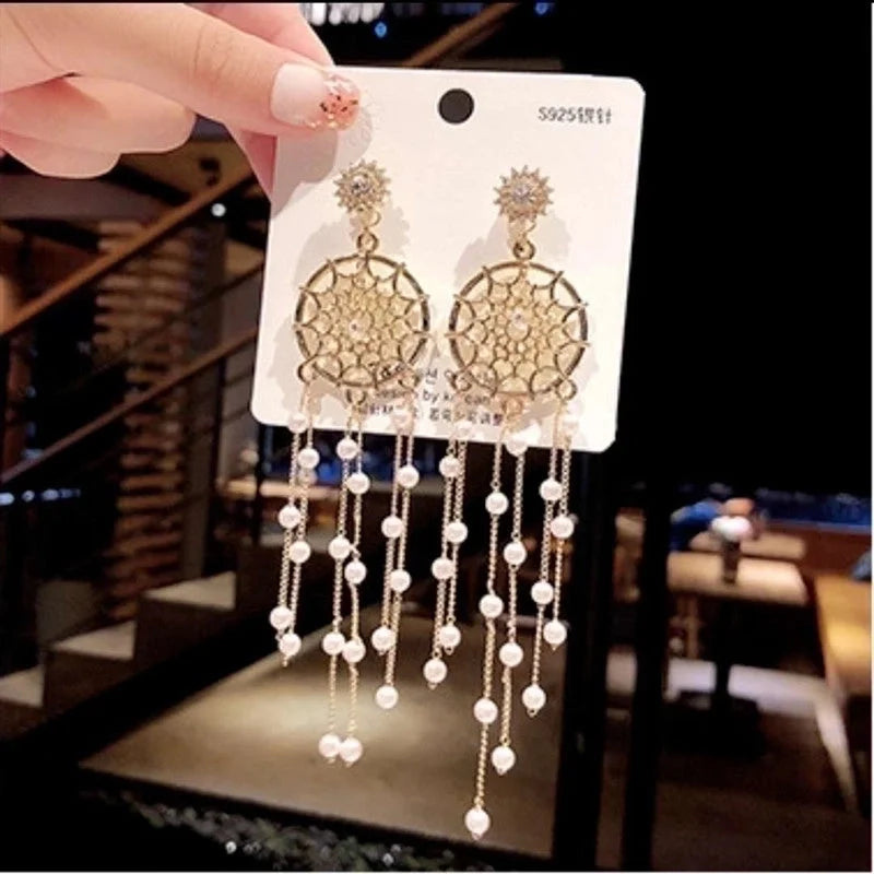 2 Pieces Elegant Star Tassel Heart Shape Inlay Alloy Artificial Pearls Rhinestones Glass Earrings
