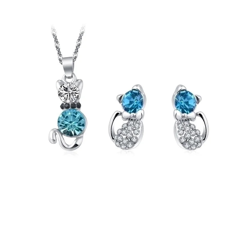 Simple Cat Alloy Crystal Ear Stud Necklace Set