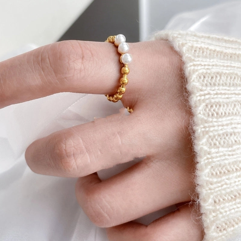 Retro French Style Geometric Titanium Steel Pearl Inlay Rings