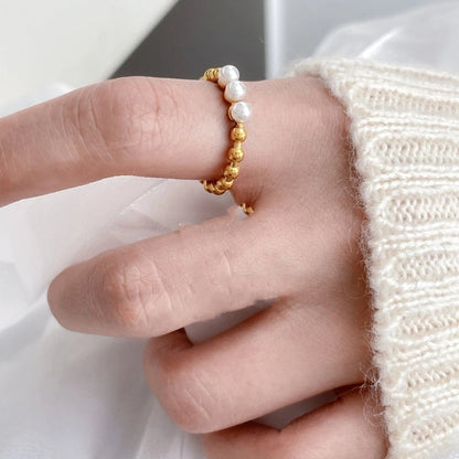 Retro French Style Geometric Titanium Steel Pearl Inlay Rings