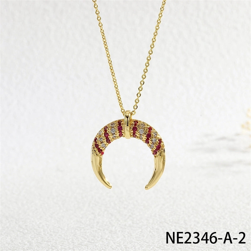 Copper Cable Chain Inlay Moon Zircon Pendant Necklace