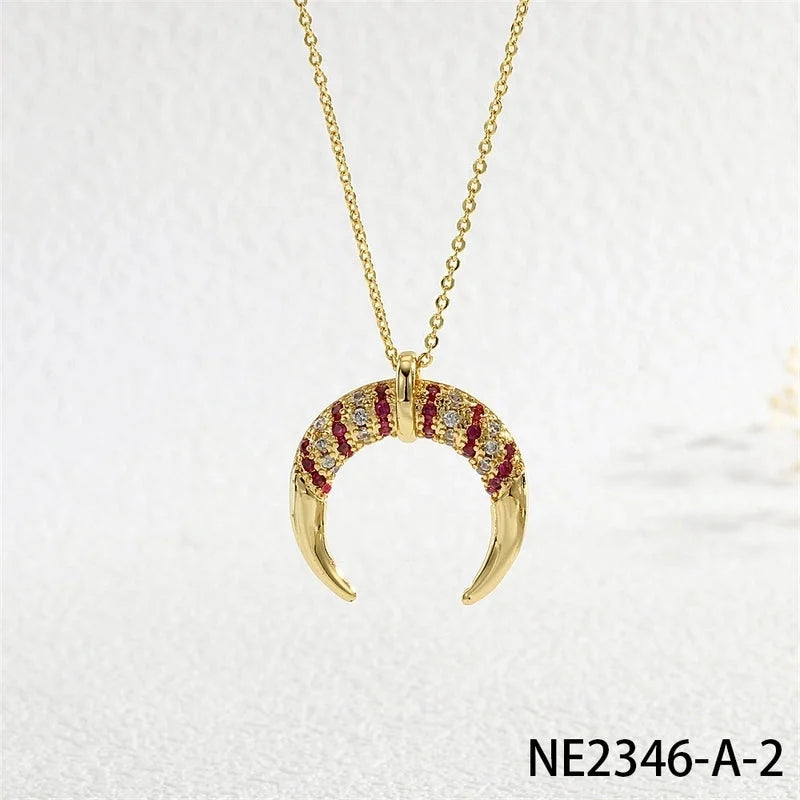 Copper Cable Chain Inlay Moon Zircon Pendant Necklace