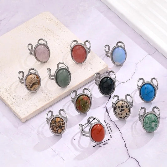 10 Pieces Elegant Classical Minimalist Marble Oval Solid Color 304 Stainless Steel Natural Stone Crystal Agate Opal Adjustable Ring In Bulk