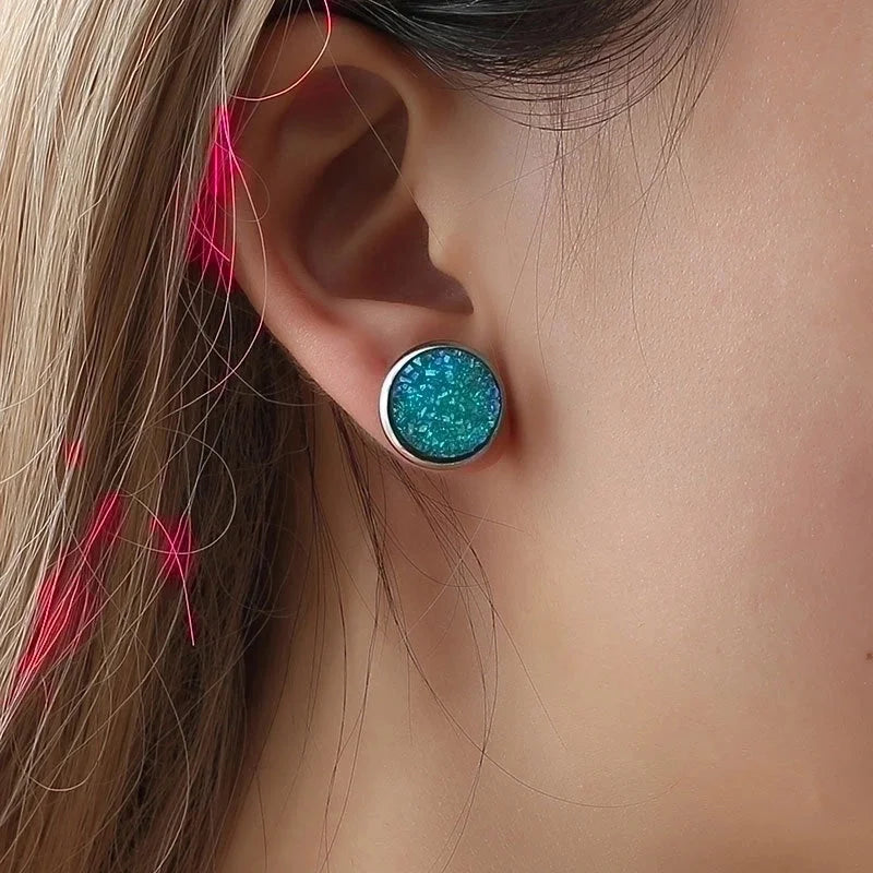 Minimalist Round Stainless Steel Artificial Gemstones Silver Plated Earrings Ear Studs