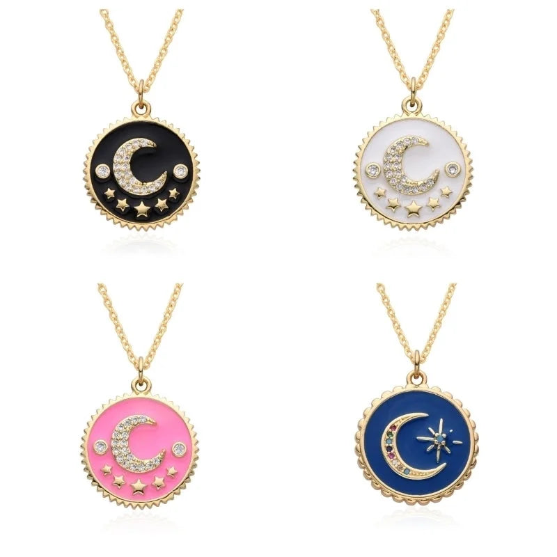 Copper Inlay Star Moon Zircon Pendant Necklace