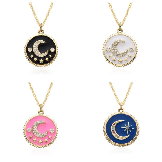 Copper Inlay Star Moon Zircon Pendant Necklace