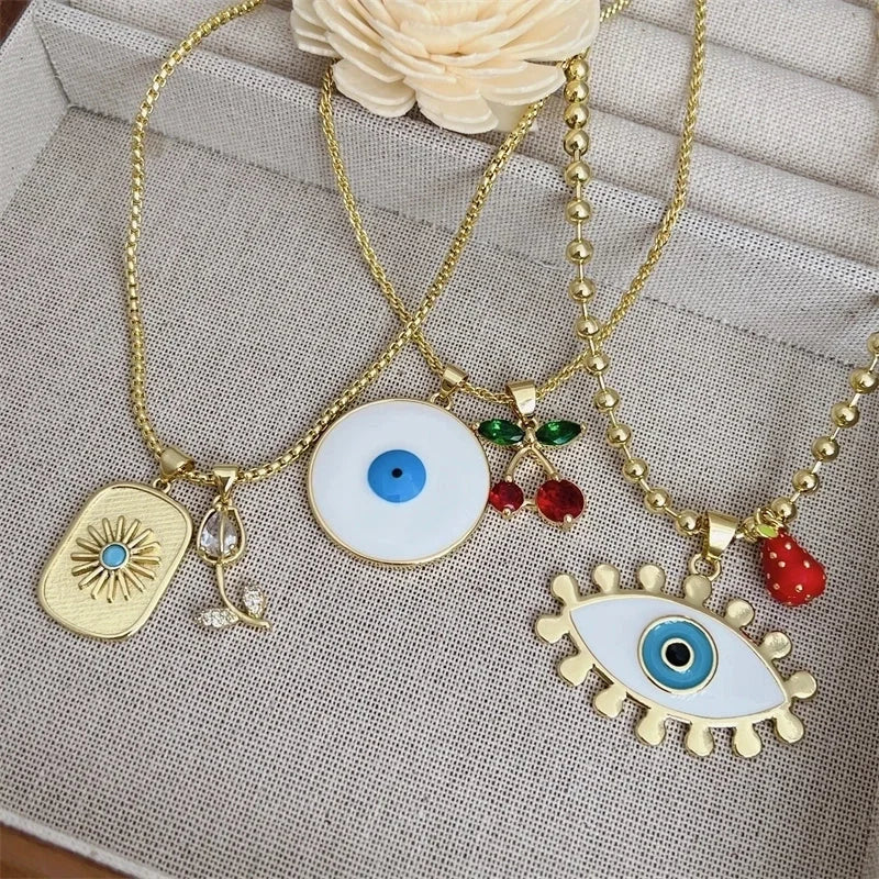 Classic Style Cherry Heart Shape Copper Zircon 18K Gold Plated Pendant Necklace