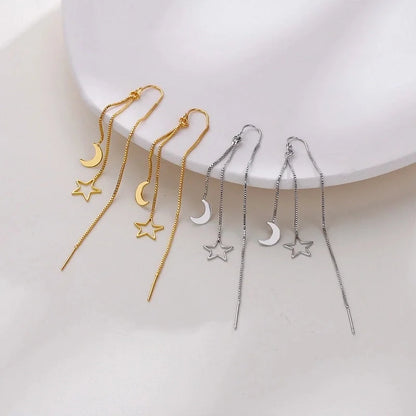 Korean Style Personalized Simple Long Tassel Star Moon Earrings Light Luxury Slimming Hollow Star Moon Earrings Internet Popular Earrings