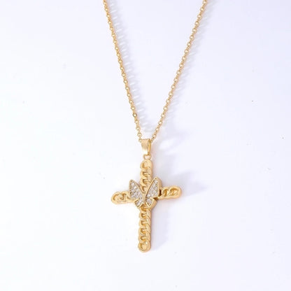 Hip-Hop Retro Cross 304 Stainless Steel Copper Plating Inlay K Gold Plated Zircon Pendant Necklace