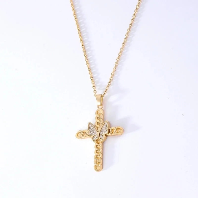 Hip-Hop Retro Cross 304 Stainless Steel Copper Plating Inlay K Gold Plated Zircon Pendant Necklace