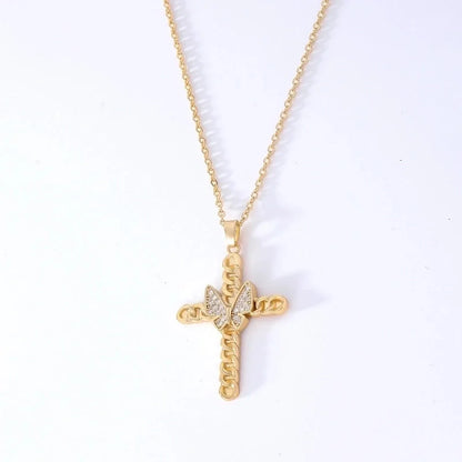 Hip-Hop Retro Cross 304 Stainless Steel Copper Plating Inlay K Gold Plated Zircon Pendant Necklace