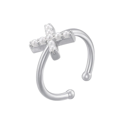 Copper 18K Gold Plated Plating Inlay Letter Artificial Pearls Open Rings