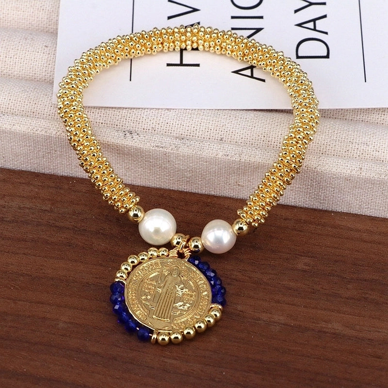 Copper 18K Gold Plated Handmade Pearl Human Round Virgin Mary Crystal Bracelets