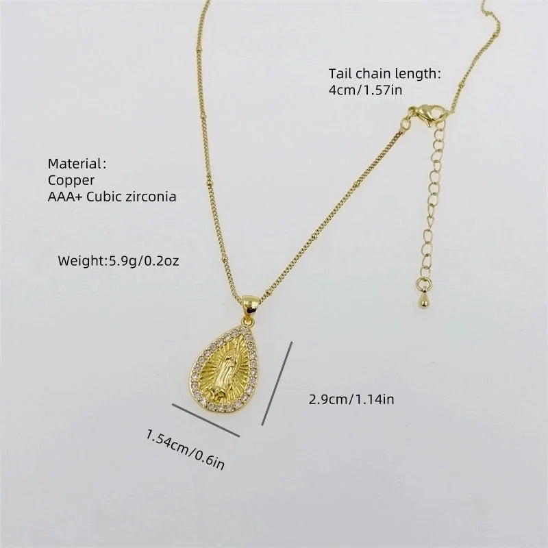 Copper 18K Gold Plated Inlay Virgin Mary Zircon Pendant Necklace